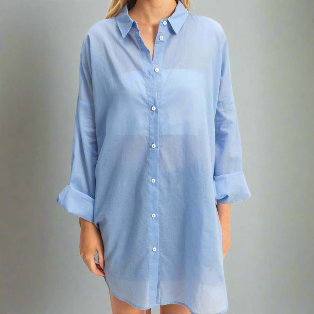 BRAND NEW- Cotton Voile Button Down Tunic Shirt - Light Blue - Picture 2 of 6
